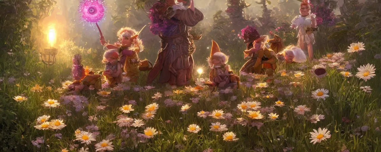 Image similar to a group of outrageous gnomes next to a giant daisy with sparkles, D&D, fantasy, intricate, cinematic lighting, highly detailed, digital painting, artstation, concept art, smooth, sharp focus, illustration, art by Artgerm and Greg Rutkowski and Alphonse Mucha