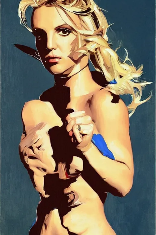 Image similar to britney spears, painting by jc leyendecker!! phil hale!, angular, brush strokes, painterly, vintage, crisp