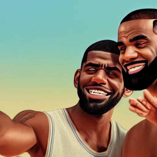 Prompt: beautiful serene intricate portrait of kyrie irving and lebron james taking a selfie, smiling softly, relaxing on the beach, golden hour, soft focus, 8 k, art by irakli nadar, hyperrealism, hyperdetailed, ultra realistic