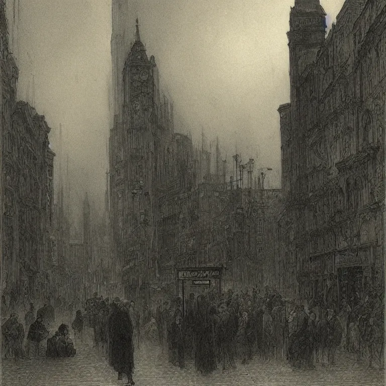 Image similar to some people waiting in a lone bus stop in qiet dark city, by Gustave Doré