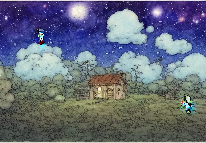 Prompt: a simple watercolor studio ghibli movie still fantasy concept art of a giant grey cube floating in the air. it is a misty starry night. by rebecca guay, michael kaluta, charles vess