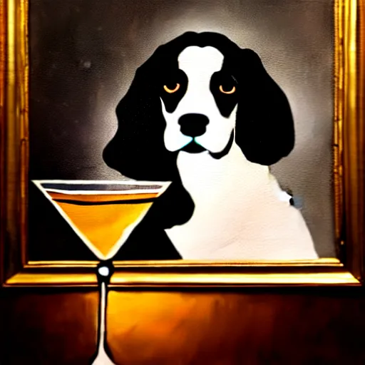 Image similar to a painting of a spaniel at a smokey bar with a Martini, renaissance, light effect