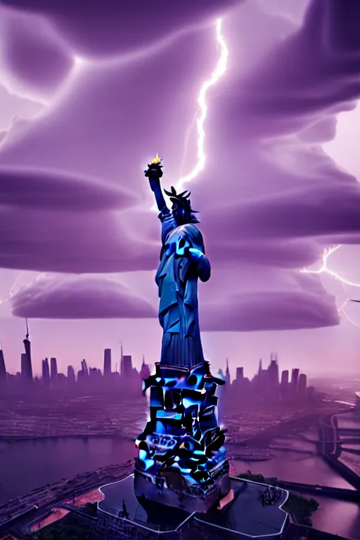 Prompt: of a cave with a miniature futuristic photo - realistic new york city with mirror windows in a crystalline cave : 4, the statue of liberty : 2, highly symmetrical, balanced, purple lightning clouds : 3, octane render, clouds : 2, violet sun : 4, in the style of sahm : 3, hd, ultra - realistic, in unreal engine