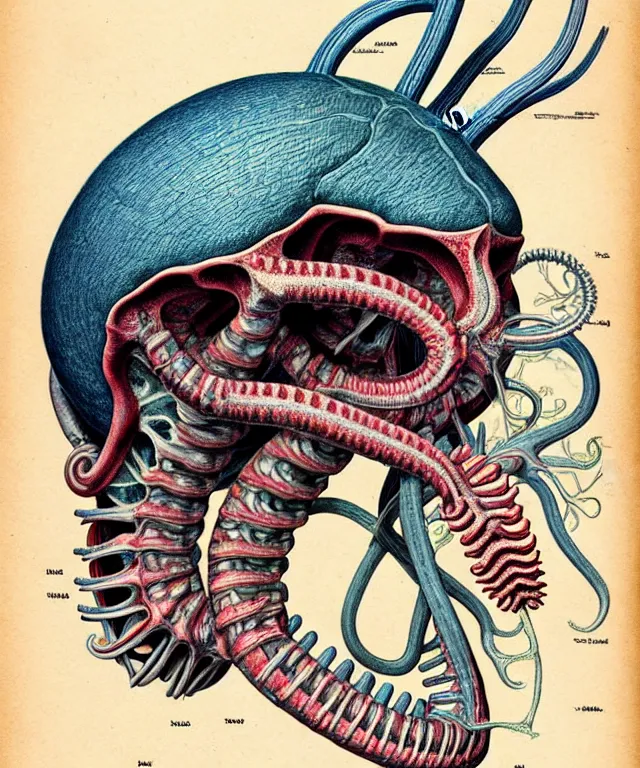 Prompt: hyper-detailed color pencil antique medical illustration of Kaiju head crosssection, nautilus brain, ribcage, xhenomorph, with tentacles coming out of open mouth and exposed jaw bone, spinal column, cerebral corpus callosum, interventricular foramen, symmetrical