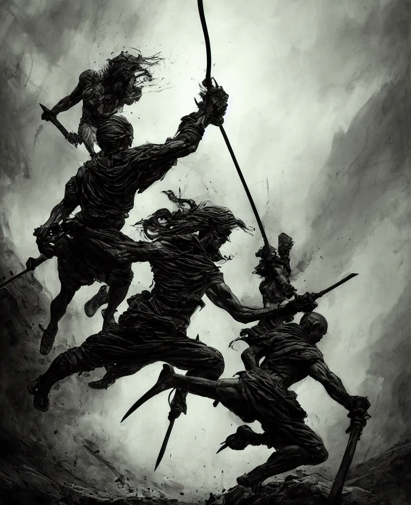 Prompt: David slaying Goliath painting, dark colors, sinister atmosphere, dramatic lighting, cinematic, establishing shot, extremely high detail, photo realistic, cinematic lighting, pen and ink, intricate line drawings, by Yoshitaka Amano, Ruan Jia, Kentaro Miura, Artgerm, post processed, concept art, artstation, matte painting, style by eddie mendoza, raphael lacoste, alex ross,
