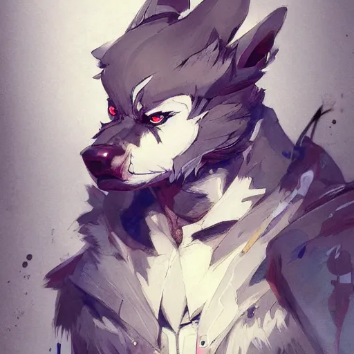 Image similar to concept art of anthropomorphized wolf, highly detailed painting by dustin nguyen, akihiko yoshida, greg tocchini, 4 k, trending on artstation, 8 k