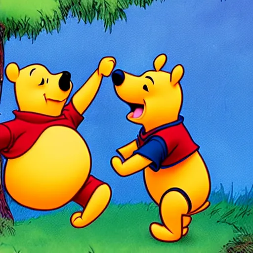 Image similar to winnie the pooh and gordon freeman hug each other after not seeing each other for a long time