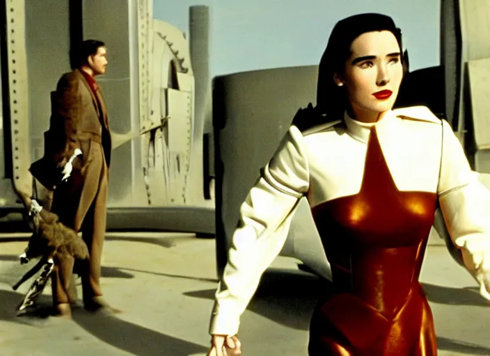 Image similar to a color movie still from the modern film the rocketeer featuring young jennifer connelly in her role as jenny blake ; color