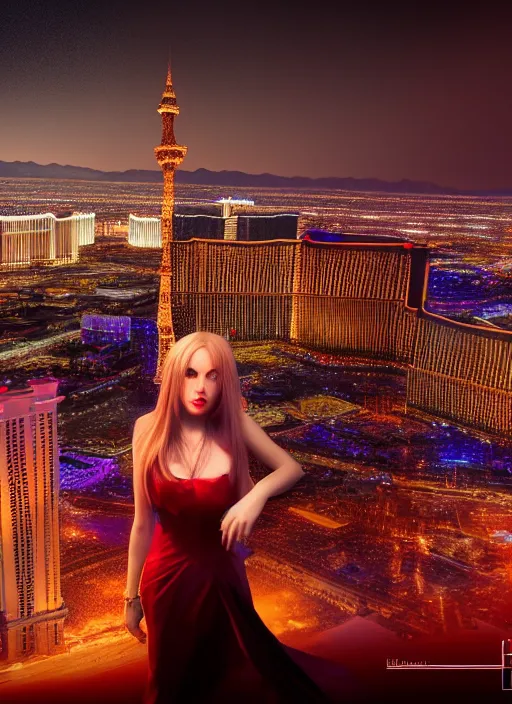 Image similar to full body portrait, duchess of blood, night shot of las vegas in background, highly detailed, CGsociety, subtle, concept art, HDR, hyper realistic, volumetric lighting, subsurface scattering, unreal