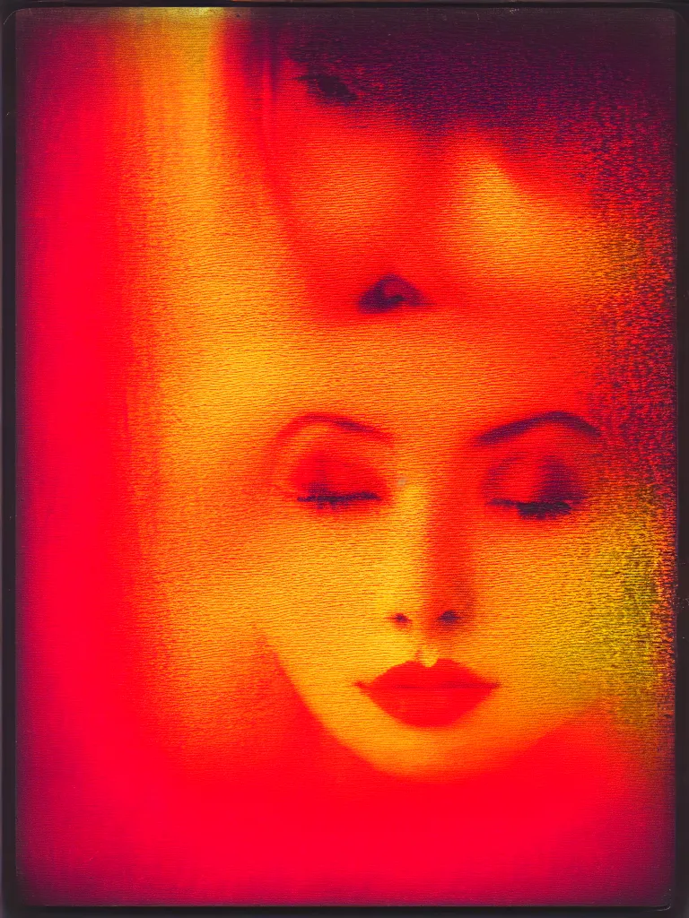 Image similar to a woman's face in the water, serene emotion, new polaroid, glitchy patterns, hazy, red, orange, yellow, soft lighting