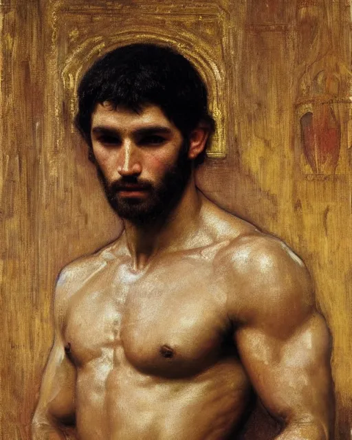 Image similar to muscular male, orientalist intricate portrait by john william waterhouse and edwin longsden long and theodore ralli and nasreddine dinet, oil on canvas. cinematic, hyper realism, dramatic lighting, high detail