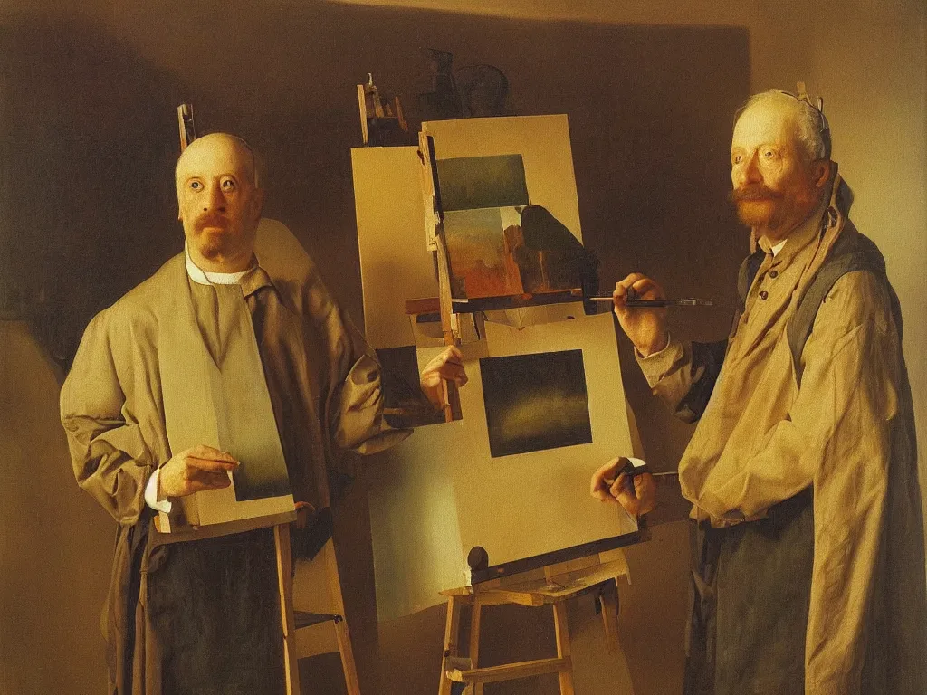 Image similar to portrait of a abstract painter at his easel, canvas. landscape with mountains far away. painting by jan van eyck, august sander. agnes pelton