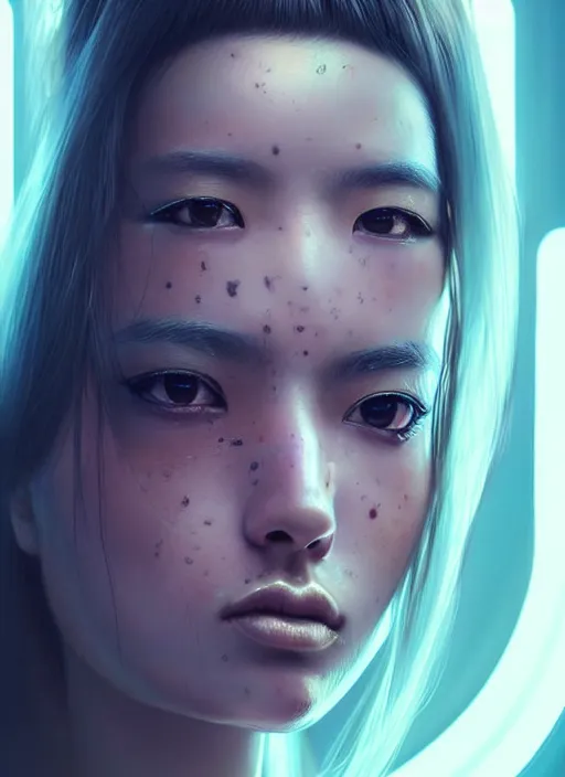 Image similar to photorealistic portrait of oriental female humanoid, freckle cheek, cyber neon lightings, highly detailed, cyberpunk high fashion, elegant, crispy quality, trending in artstation, trending in pinterest, glamor pose, no signature, no watermark, cinematic, octane render, art by artgerm, art by greg rutkowski, art by pascal blanche