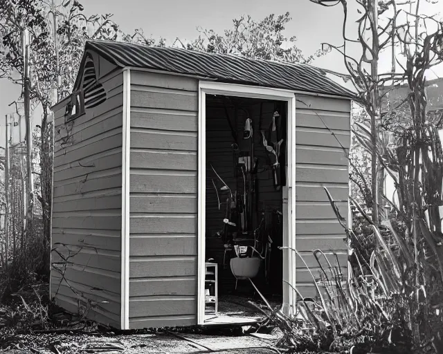 Image similar to IKEA catalogue photo of a cyberpunk shed, by Gustav Dore