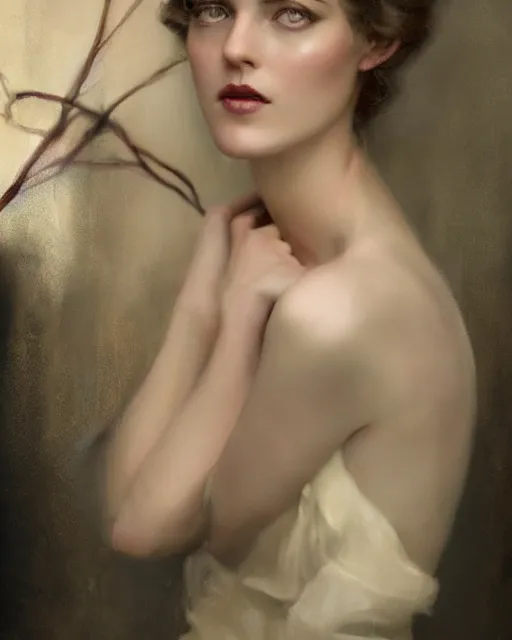 Image similar to daniel gerhartz and tom bagshaw close portrait digital painting of a 1 9 2 0 s beautiful woman at a party in a mansion, strong contrast, unreal engine, hyper realism, realistic shading, cinematic composition, realistic render, octane render, detailed textures, photorealistic, ultrawide shot, 3 5 mm film