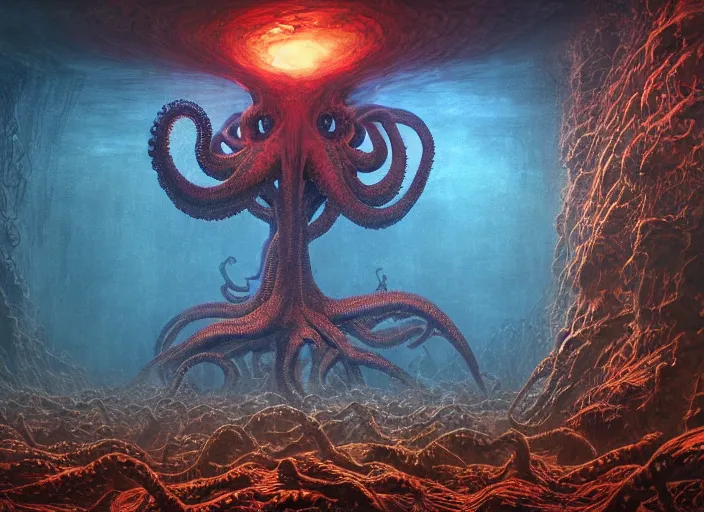 Prompt: underwater fractal of the crowd of people of last survivors on earth witness the end of the world, big fire octopus cthulhu in the center, big titan creature apocalypse scene, by giger and vladimir kush, au naturel, hyper detailed, digital art, trending in artstation, cinematic lighting, studio quality, smooth render, octane rendered...