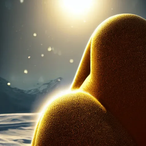 Image similar to a sentient being from a newly discovered planet. it has evolved to live in the extreme cold, portrait photograph, volumetric lighting, golden ratio composition, strong backlight, poster, highly detailed, sharp focus, bokeh, hyperrealism