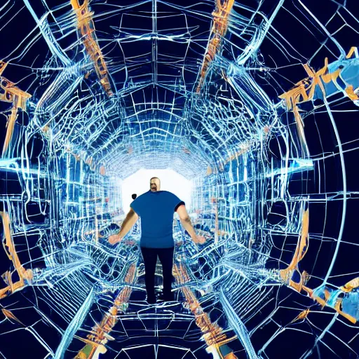 Image similar to wide shot of a man getting trapped inside cern large hadron collider, his body getting pulled apart by particle collision, rendered in octane