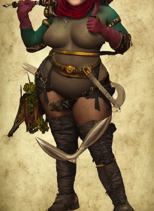 Image similar to ultra realistic photo of medieval chubby beautiful rogue hunter demon girl, full body, rule of thirds, saturated colors, cinematic, mignola, mucha