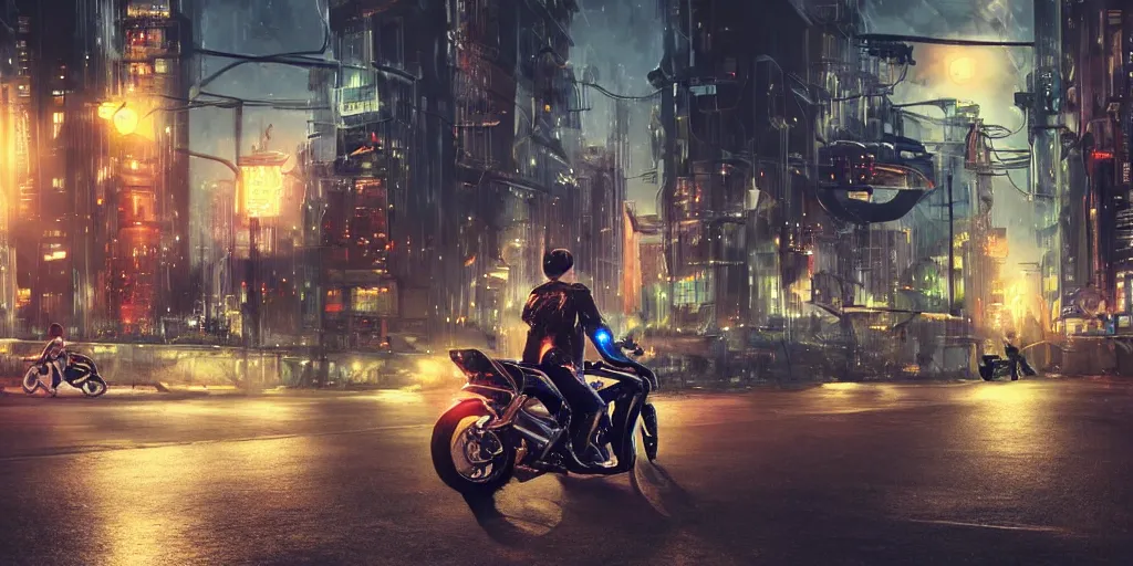 Prompt: motorcycle in a futuristic cityscape at night, soft lighting, realistic painting