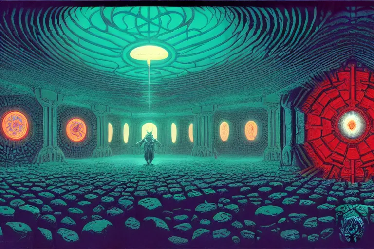 Prompt: the inside of a symmetrical hellish dungeon, matte painting, 4 k, epic composition, volumetric light, abstract illusionism, by william stout, kilian eng, damien hirst, pour paint