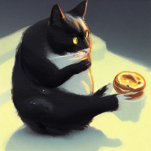 Image similar to a black fat cat holding a bagel!, art by greg rutkowski