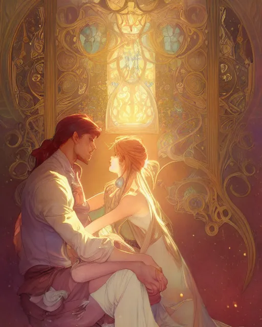 Image similar to secret romance, highly detailed, gold filigree, romantic storybook fantasy, soft cinematic lighting, award, disney concept art watercolor illustration by mandy jurgens and alphonse mucha and alena aenami, pastel color palette, featured on artstation