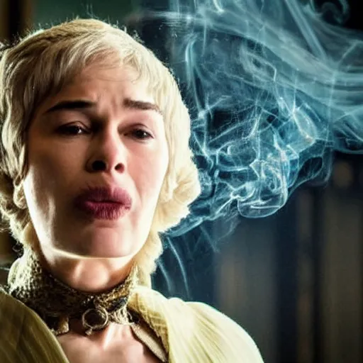 Prompt: george r r martin is inhaling smoke from cersei lannisters mouth, it is like a soul is leaving her mouth into his mouth, dramatic lighting, close up