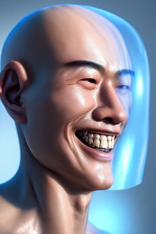 Image similar to hyperrealistic close-up translucent exoskeleton!! smiling chinese man covered highly detailed concept art eric zener elson peter cinematic side soft light high angle hd 8k sharp shallow depth of field