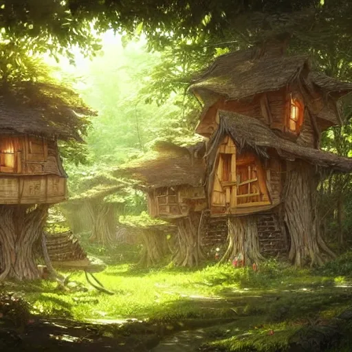 Image similar to concept art painting of treehouses made out of trees and roots, trees with doors and windows in a deep forest, realistic, detailed, cel shaded, in the style of makoto shinkai and greg rutkowski and james gurney