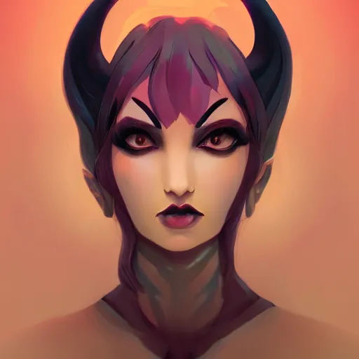 Image similar to a beautiful devil woman with horns by Lois Van Baarle and Sam Yang and Ross Tran and SamDoesArts and RossDraws, symmetrical portrait, trending on ArtStation