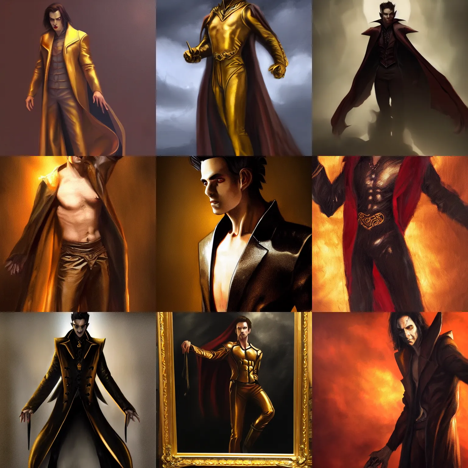 Prompt: male vampire in dark golden noble clothes in a dramatic pose, realistic painting, trending on artstation, cinematic, dramatic lighting