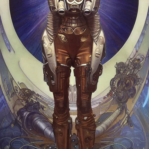 Prompt: realistic detailed portrait of a futuristic space soldier, space armor, by Alphonse Mucha, Amano, Charlie Bowater, Karol Bak, Greg Hildebrandt, Jean Delville, and Mark Brooks, Art Nouveau, steampunk, martiancore, gothic, rich deep moody colors