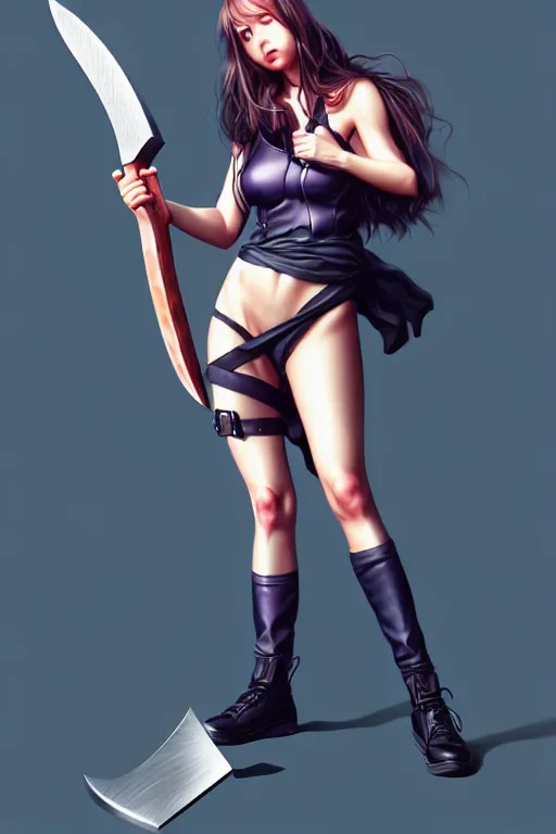 Prompt: Photorealistic hyperrealism woman holding an axe by Artgerm and WLOP, Pixiv