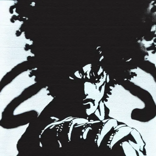 Prompt: snake from metal gear solid dressed as afro samurai, 35mm grainy film photography