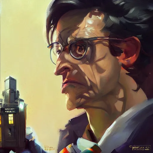 Prompt: greg manchess portrait painting of doctor who as overwatch character, medium shot, asymmetrical, profile picture, organic painting, sunny day, matte painting, bold shapes, hard edges, street art, trending on artstation, by huang guangjian and gil elvgren and sachin teng