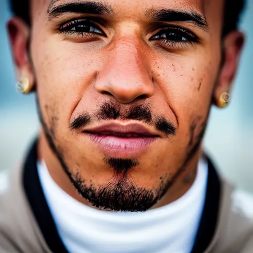 Image similar to closeup portrait of Lewis Hamilton at the formula 1 starting grid, by Steve McCurry and David Lazar, natural light, detailed face, CANON Eos C300, ƒ1.8, 35mm, 8K, medium-format print