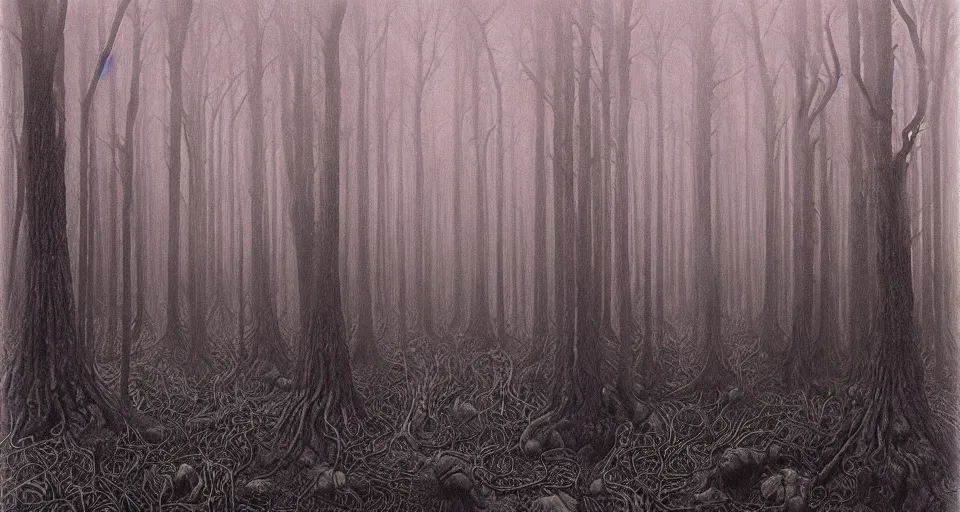 Prompt: A dense and dark enchanted forest with a swamp, by Zdzisław Beksiński