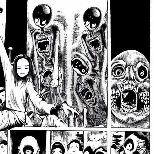 Image similar to Monsters scaring bystanders by Junji Ito.