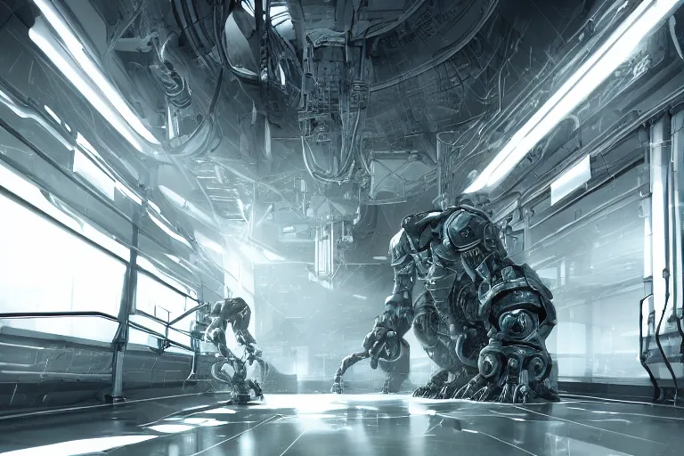 Prompt: parallax datacenter server room interior single mono colossus white rusty android guest robosaurus sitting artstation cinematic detailed concept art volumetric light sharp coherent cgsociety symmetric perfect well balanced shadows lotr servers