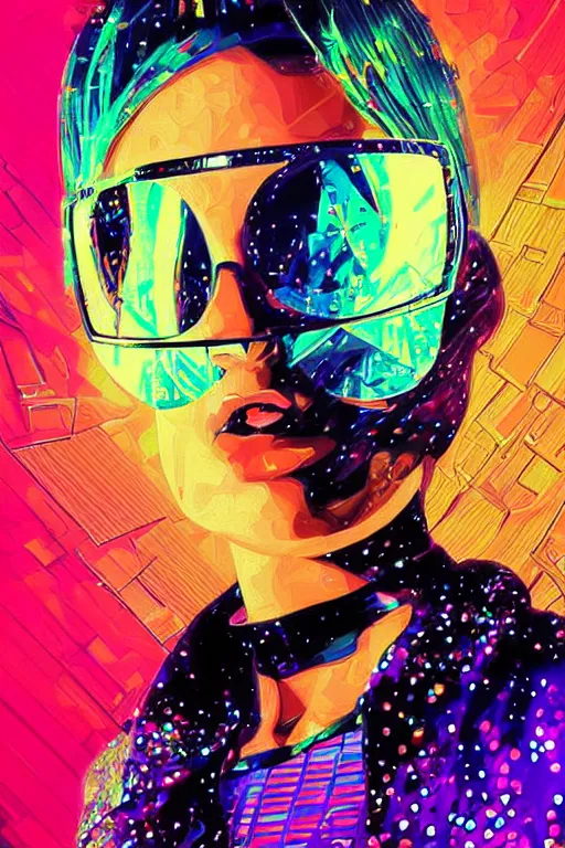 Image similar to fisheye portrait, digital painting, an beautiful, crazy hacker girl, lost in code, synthwave, glitch!!, fractured reality, refraction, glitter, realistic, hyperdetailed, golden hour, concept art, art by syd mead, cubism