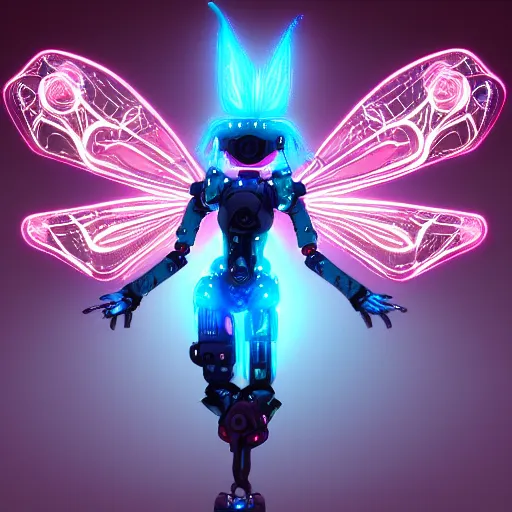 Image similar to A robotic fairy flying, neon, futuristic, intricate details, unreal engine , realistic