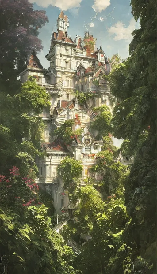 Image similar to castle seen from the sky, cyberpunk, design on white background, beautiful details, lush foliage, drawn by john singer sargent, tom bagshaw, norman rockwell, alphonso mucha, lolish, trending on artstation