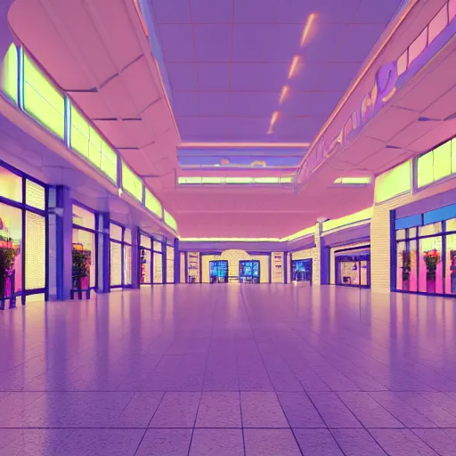 Image similar to vaporwave 9 0 s dreamy empty shopping mall, highly detailed, 3 d render, vray, octane, realistic lighting, photorealistic