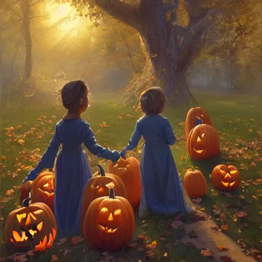 Prompt: epic masterpiece of cinematographic hyperrealism where 3 children appear trick - or - treating in halloween costumes. realistic shaded lighting poster by craig mallismo, artgerm, jeremy lipkin and michael garmash, unreal engine, radiant light, complex detailed environment, digital art, art station trends