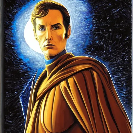 Image similar to paul atreides emperor of the known universe, perfect dramatic and dark portrait, dune