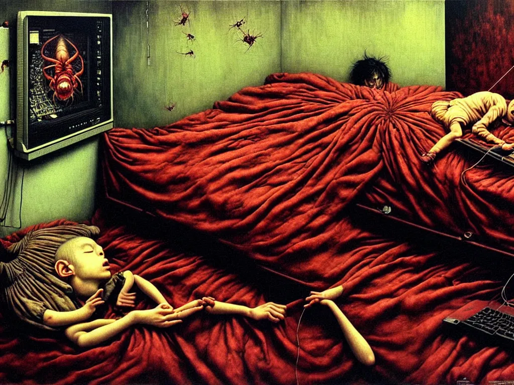 Prompt: realistic detailed image of a big cockroach sleeping in a bed in an old soviet apartment bedroom,, fully clothed boy plays a computer game, by ayami kojima, amano, karol bak, neo - gothic, gothic, rich deep colors. beksinski painting, from a movie by david cronenberg. art by takato yamamoto. masterpiece by francis bacon