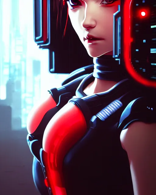 Image similar to a detailed potrait of a cyberpunk cyborg girl with black and red parts, perfect face, realistic shaded perfect face, detailed. night setting. very anime style. realistic shaded lighting poster by ilya kuvshinov katsuhiro, unreal engine, global illumination, radiant light, detailed and intricate environment, full length and white stockings