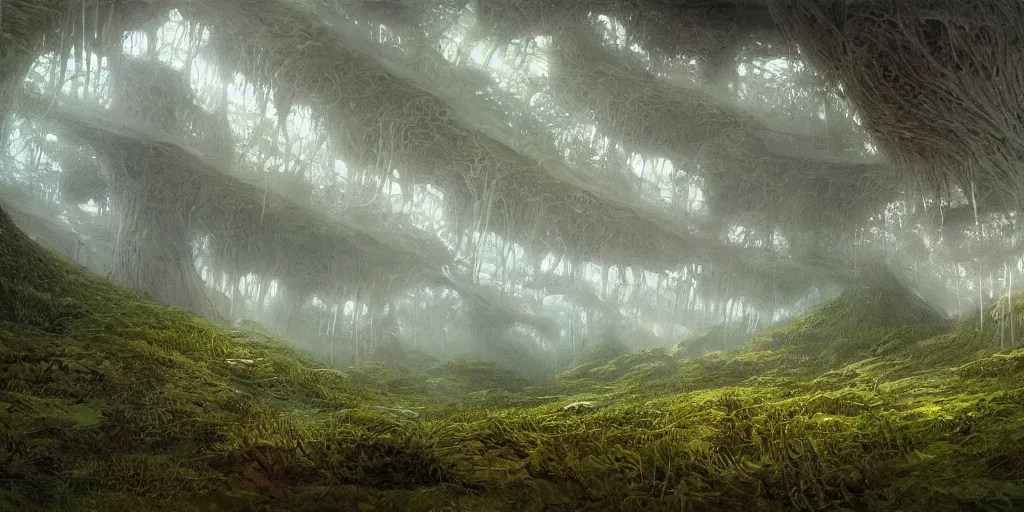 Image similar to Artwork of the Cinematic view of a diatoms forest by John Howe, Trending on artstation