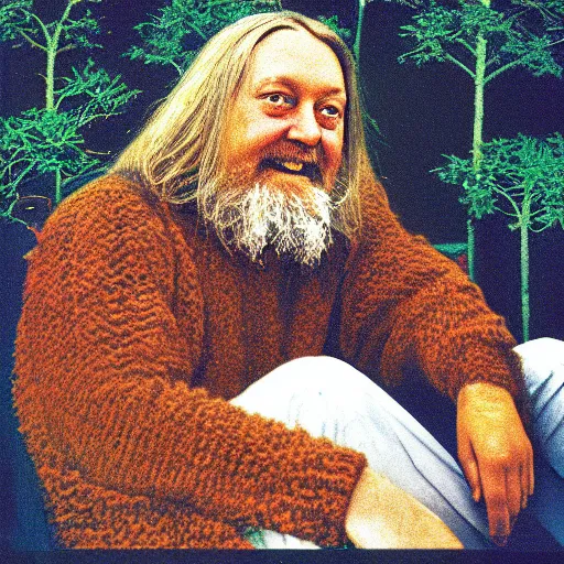 Image similar to robert wyatt sitting amongst big hairy spiders, robert wyatt album art style